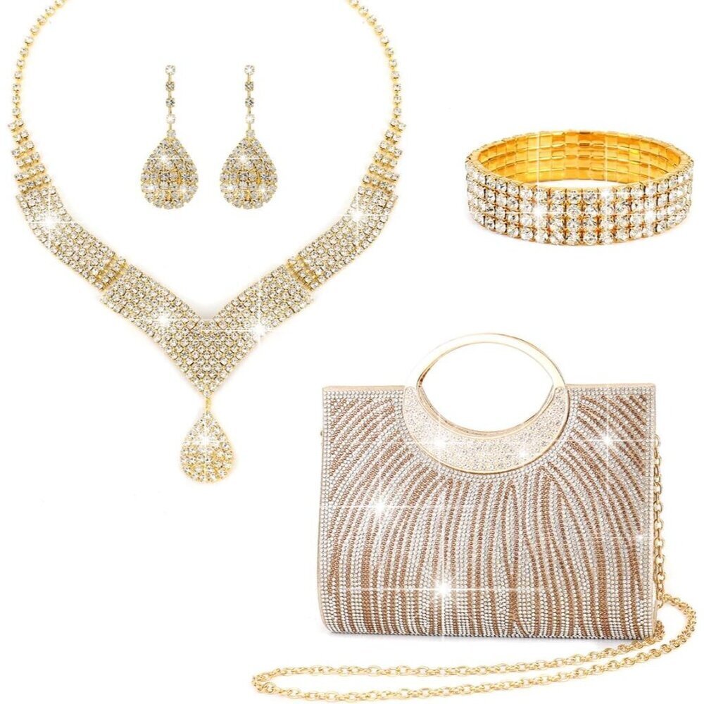 Ladies' Crystal Rhinestone Jewelry Set Necklace Earrings Bracelet Clutch